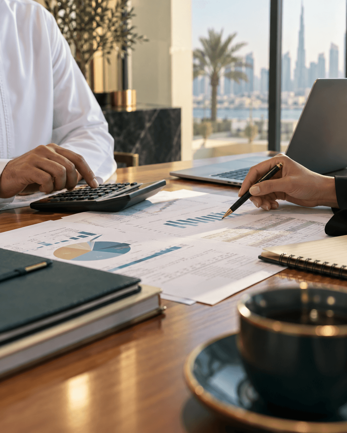 Finance professionals reviewing supporting documents and accounting reports